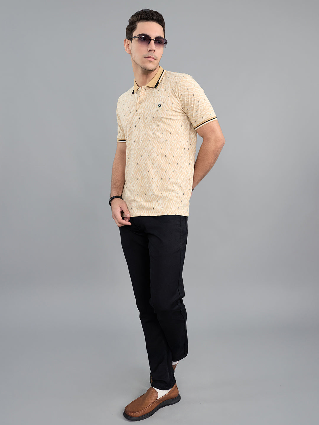 Men Beige Geometric Polo Collar Half Sleeve T-Shirt