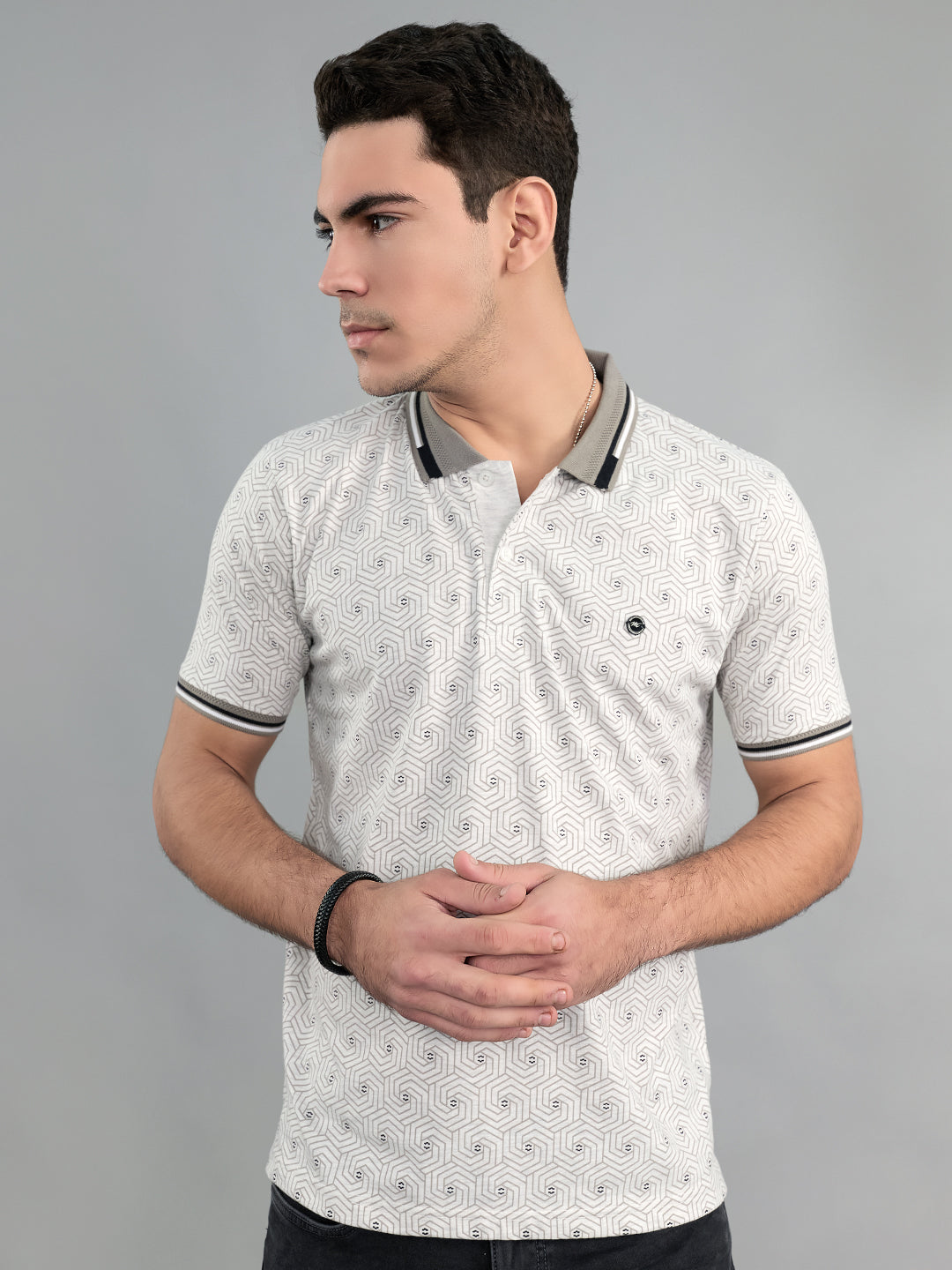 Men Grey Geometric Polo Collar Half Sleeve T-Shirt