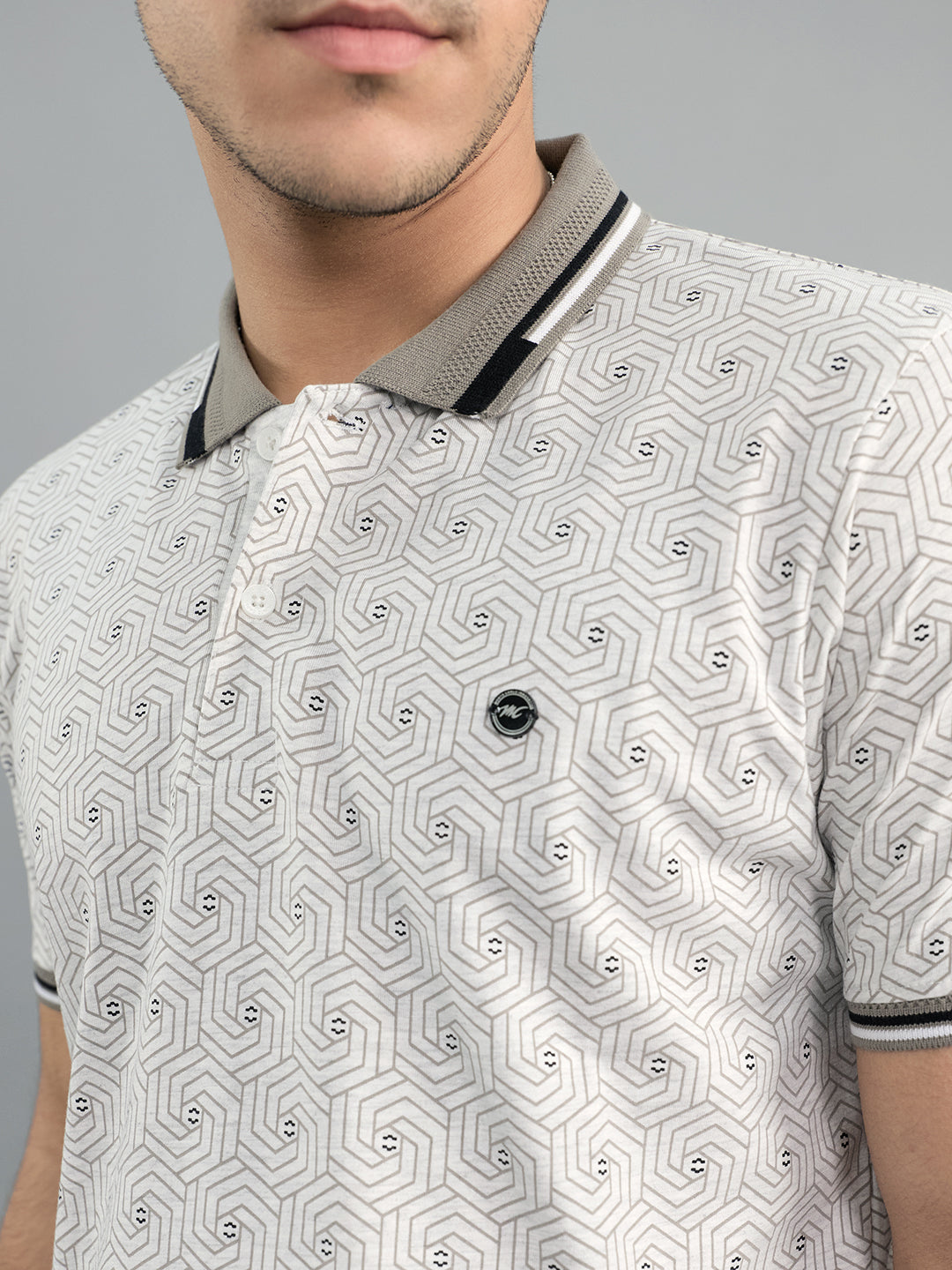 Men Grey Geometric Polo Collar Half Sleeve T-Shirt