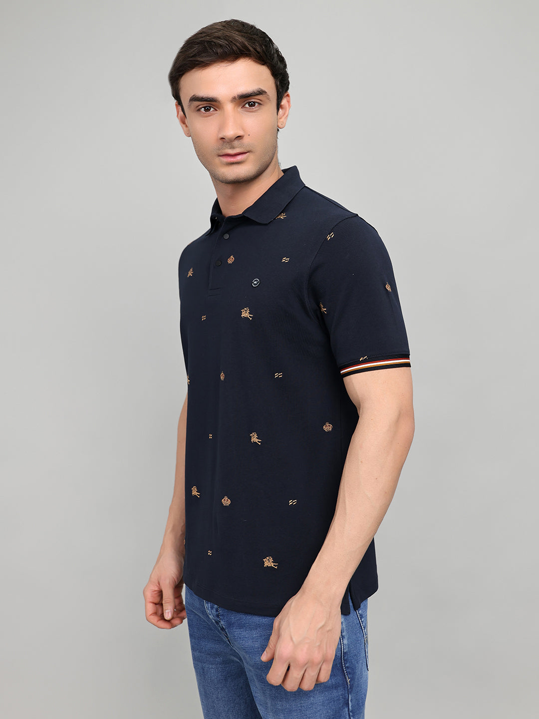 Men Navy Blue Embroidered Collar Half Sleeve T-Shirt