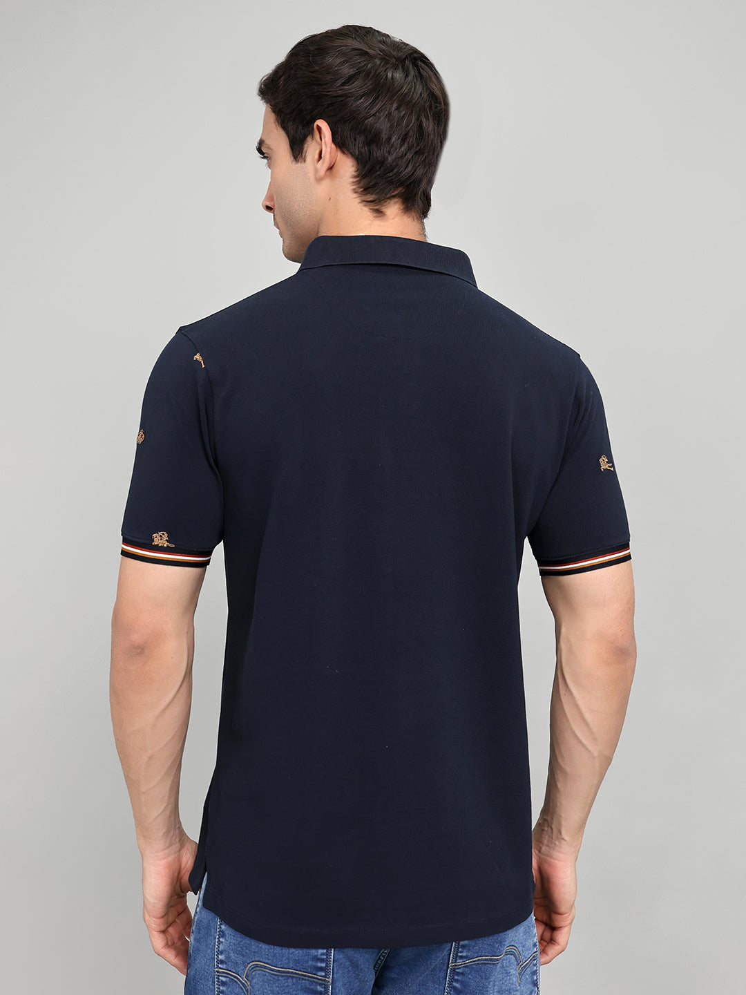 Men Navy Blue Embroidered Collar Half Sleeve T-Shirt
