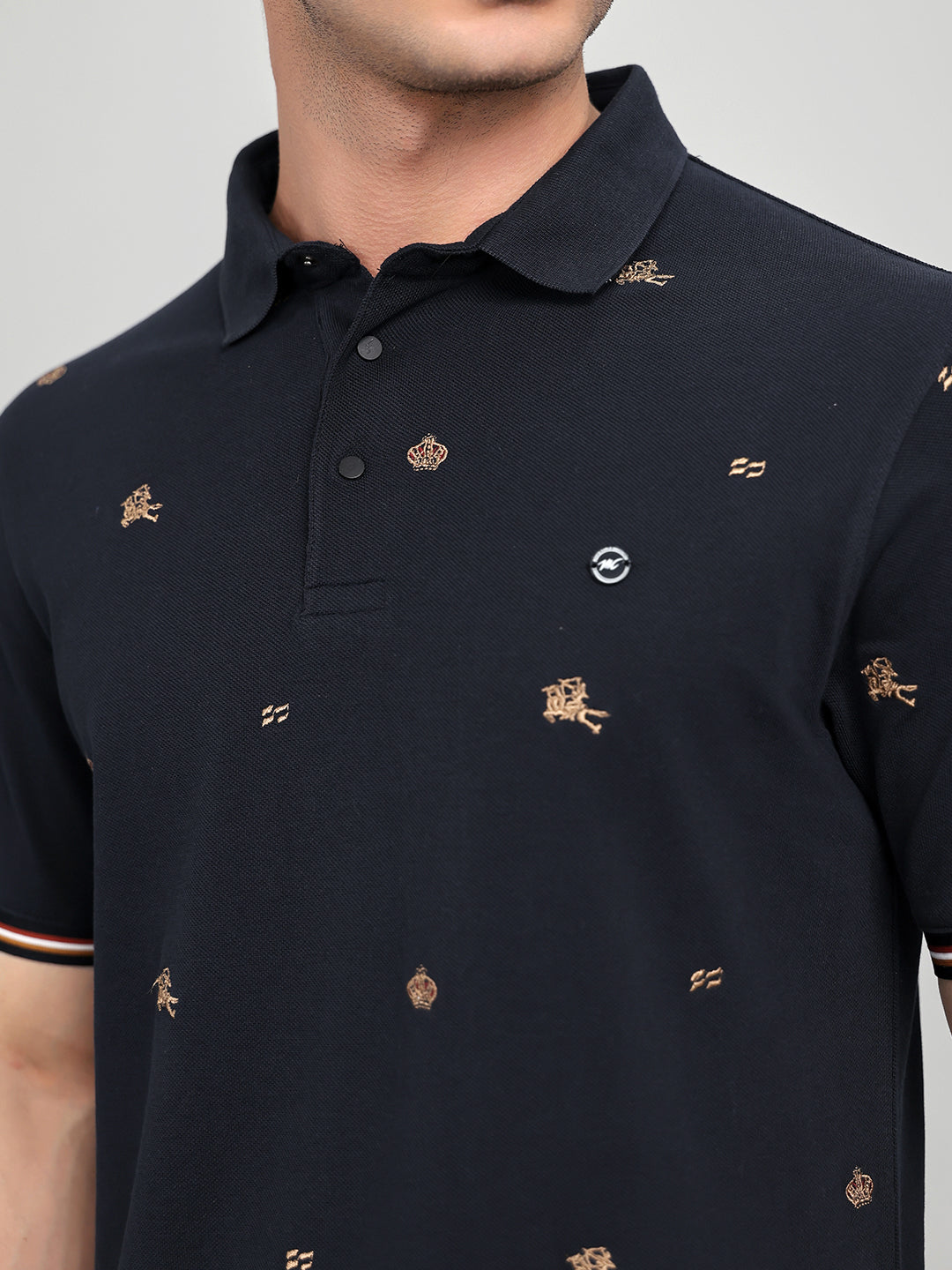 Men Navy Blue Embroidered Collar Half Sleeve T-Shirt