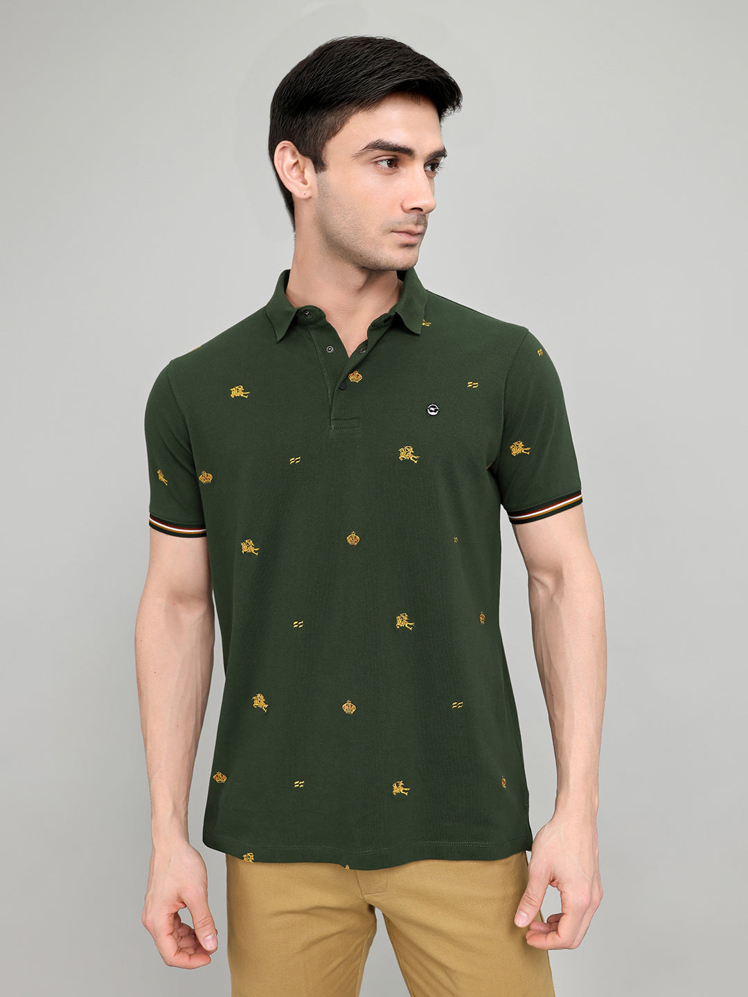 Men Green Embroidered Collar Half Sleeve T-Shirt