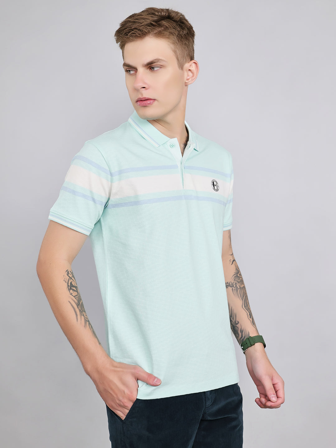 Men Turquoise Blue Stripe Collar Half Sleeve T-Shirt