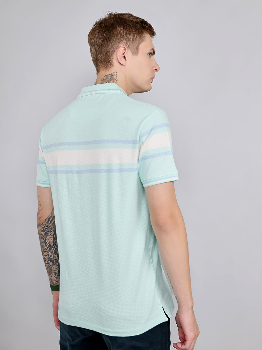 Men Turquoise Blue Stripe Collar Half Sleeve T-Shirt