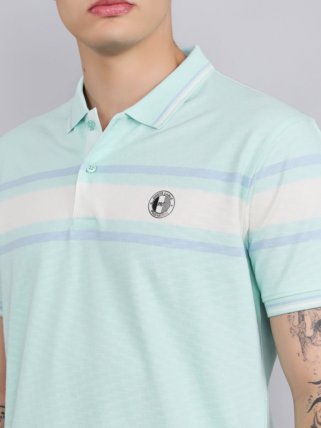 Men Turquoise Blue Stripe Collar Half Sleeve T-Shirt