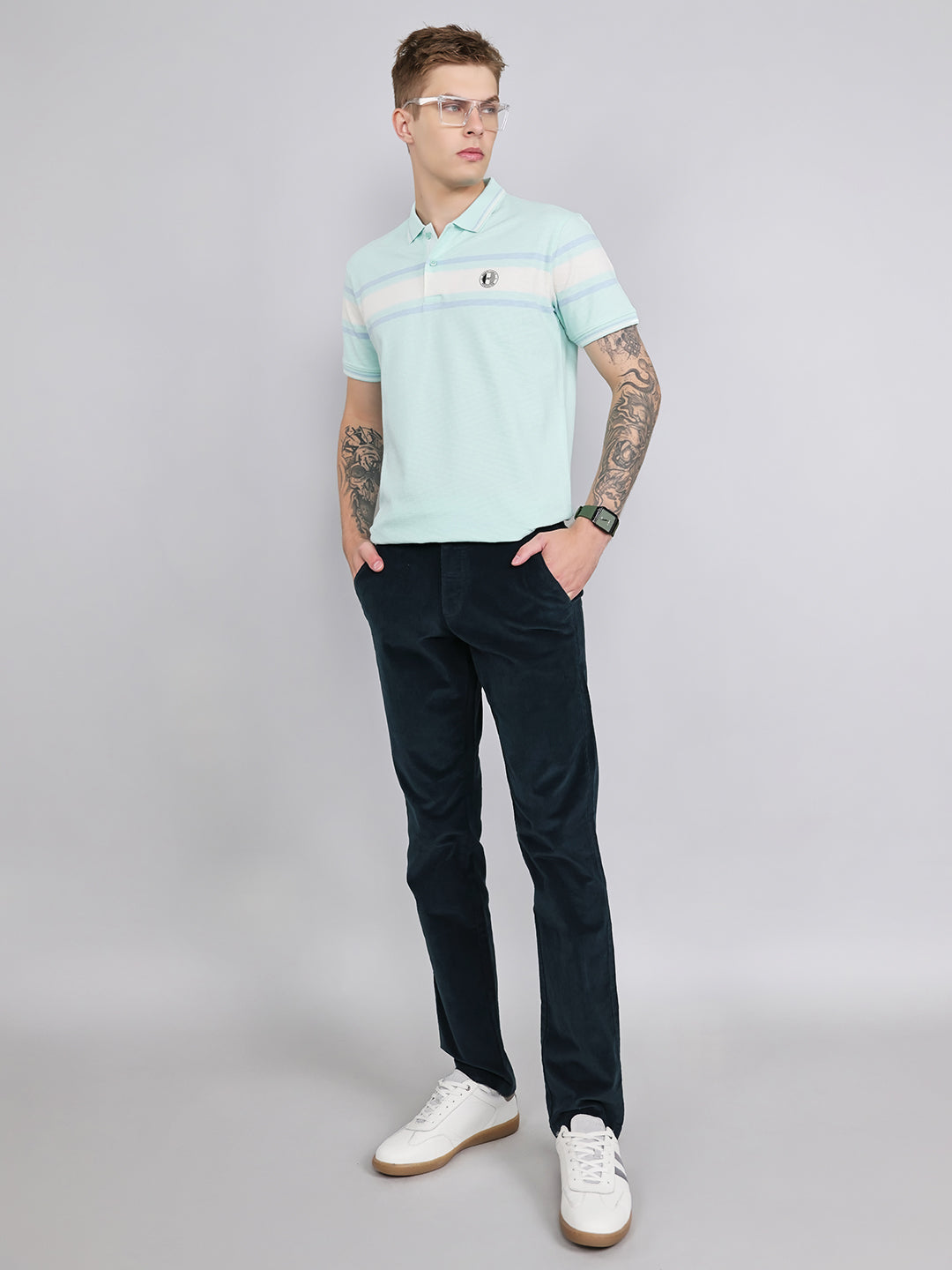 Men Turquoise Blue Stripe Collar Half Sleeve T-Shirt