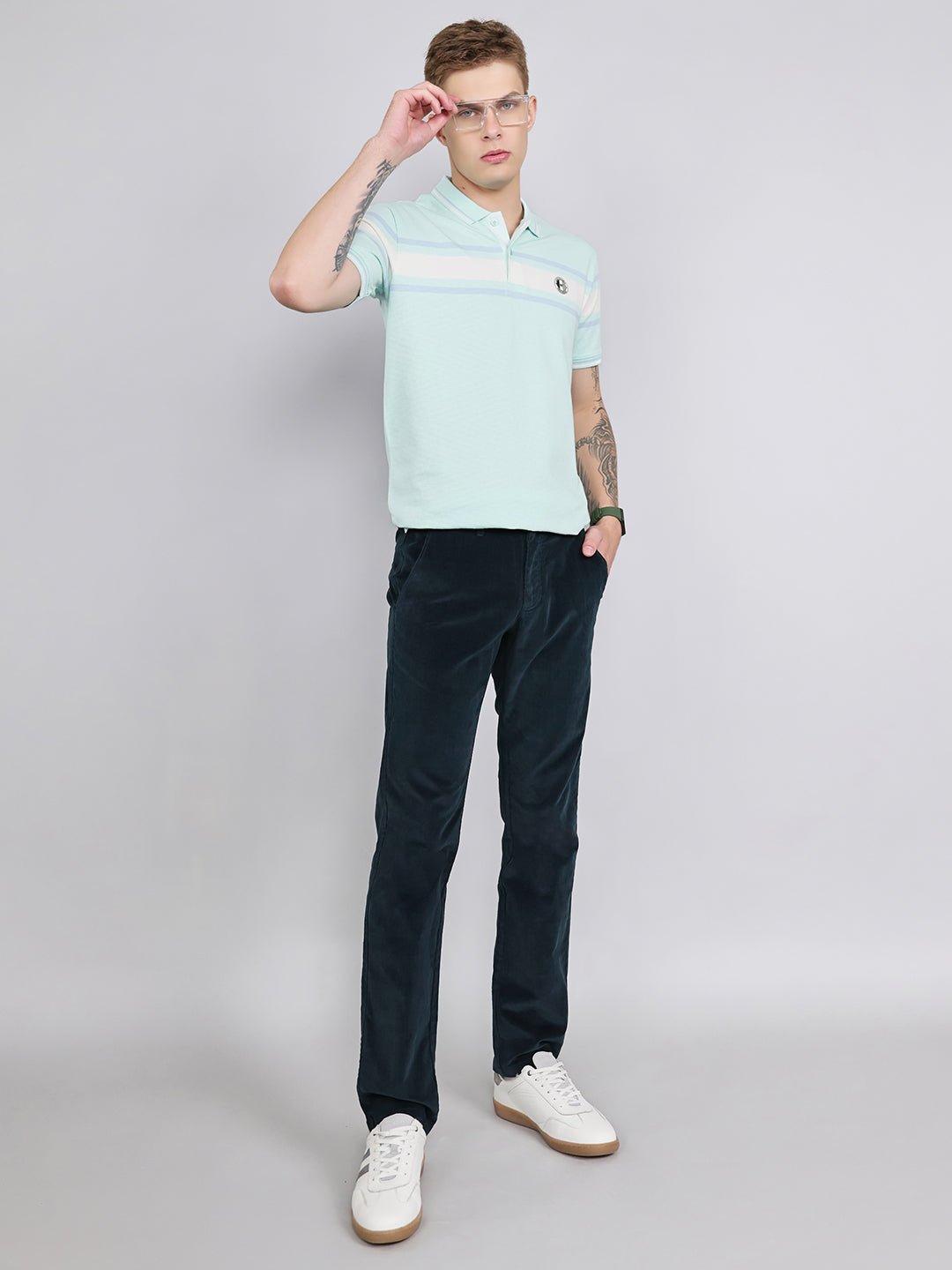 Men Turquoise Blue Stripe Collar Half Sleeve T-Shirt