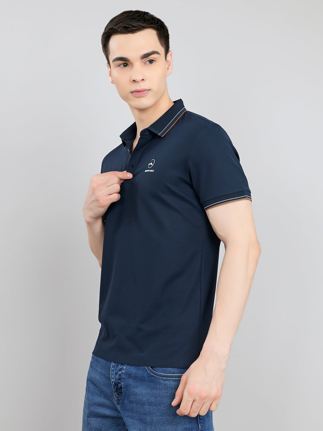 Men Navy Blue Solid Collar Half Sleeve T-Shirt