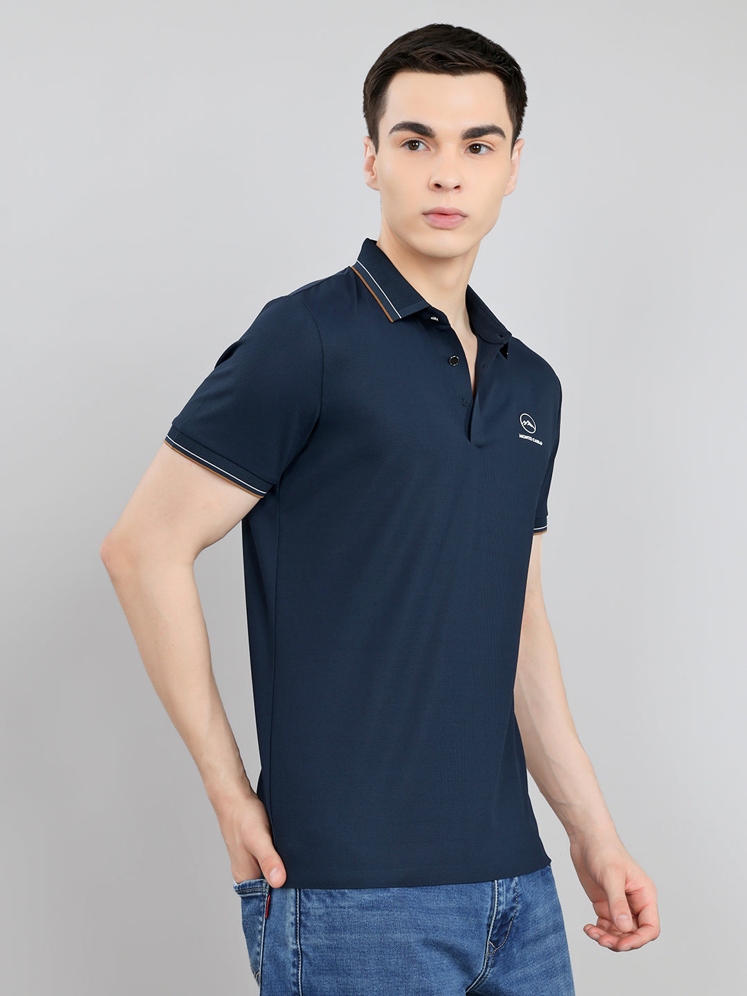 Men Navy Blue Solid Collar Half Sleeve T-Shirt