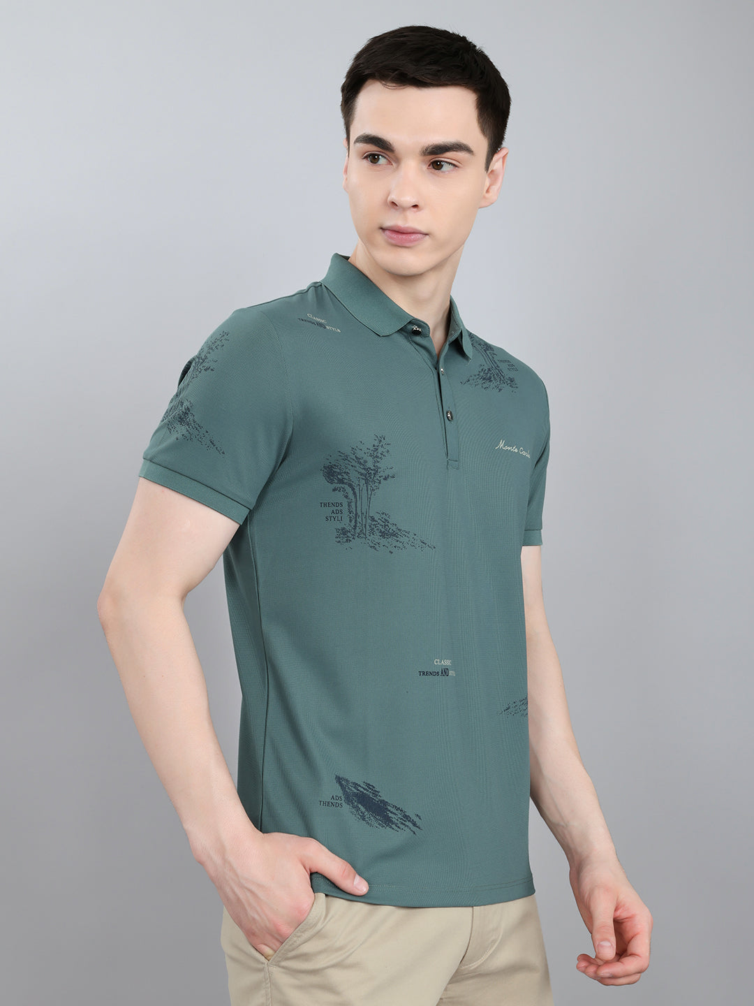 Men Green Printed Collar Half Sleeve T-Shirt