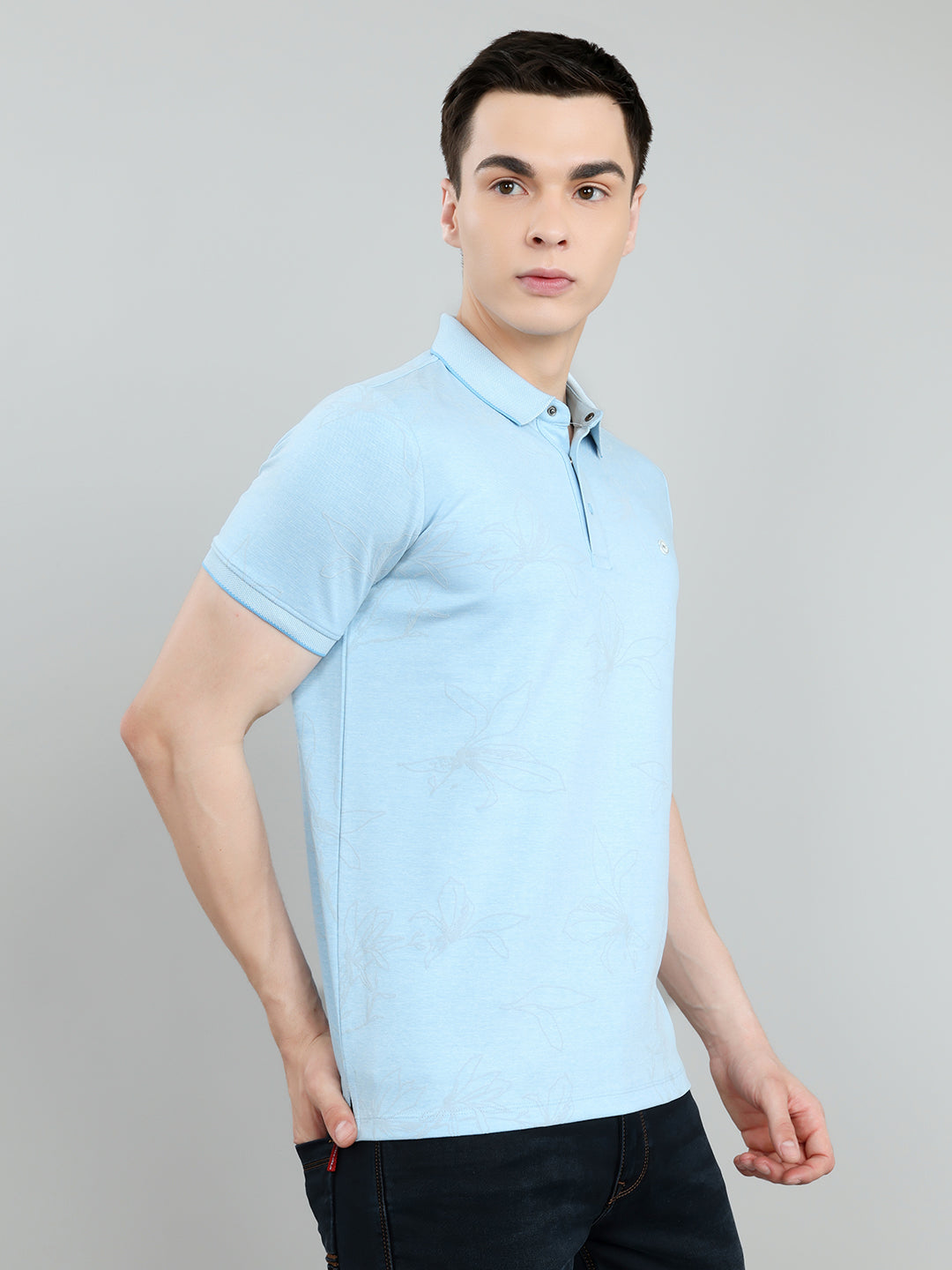 Men Sky Blue Printed Collar Half Sleeve T-Shirt