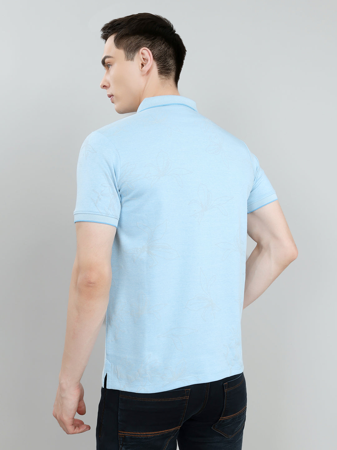 Men Sky Blue Printed Collar Half Sleeve T-Shirt