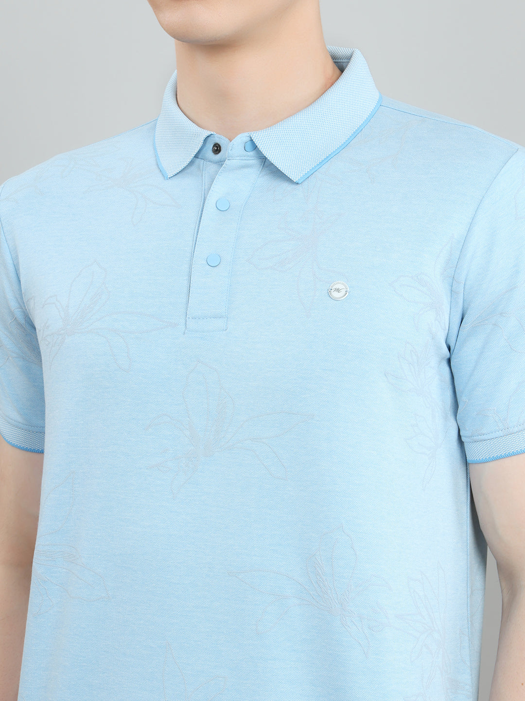 Men Sky Blue Printed Collar Half Sleeve T-Shirt