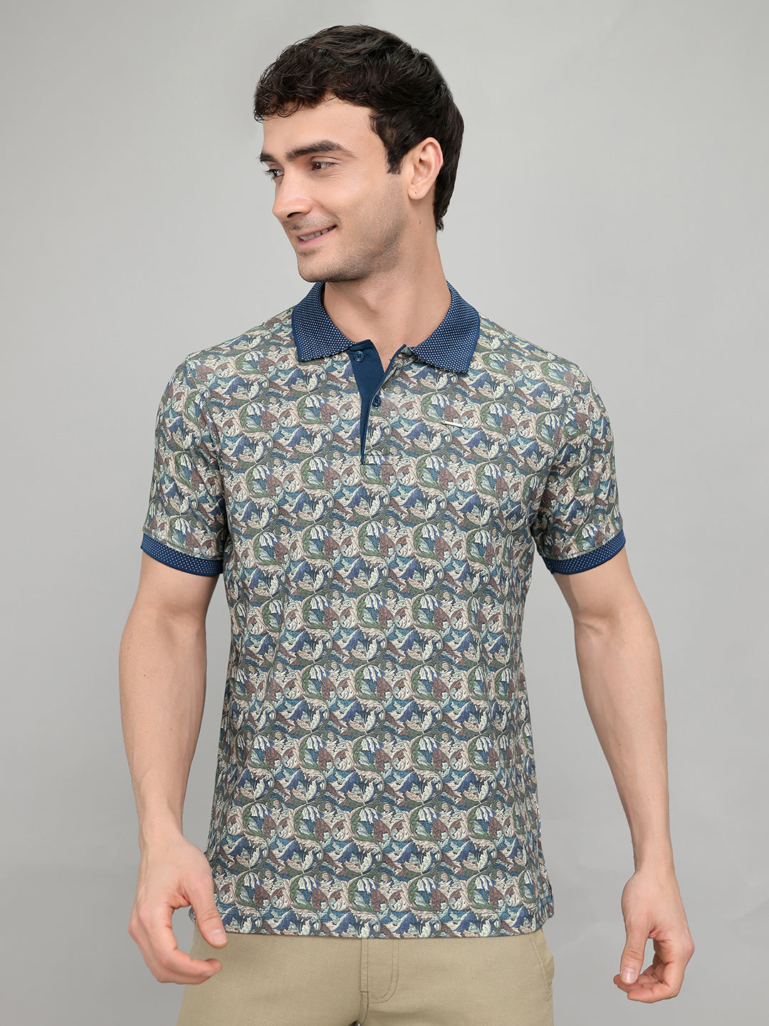 Men Teal Blue Printed Collar Half Sleeve T-Shirt with Plantable Seed Tag