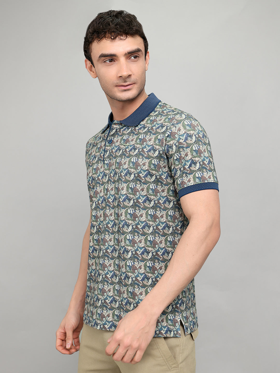 Men Teal Blue Printed Collar Half Sleeve T-Shirt with Plantable Seed Tag