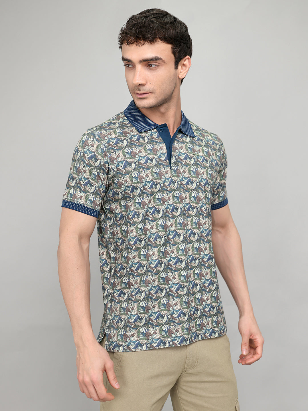 Men Teal Blue Printed Collar Half Sleeve T-Shirt with Plantable Seed Tag
