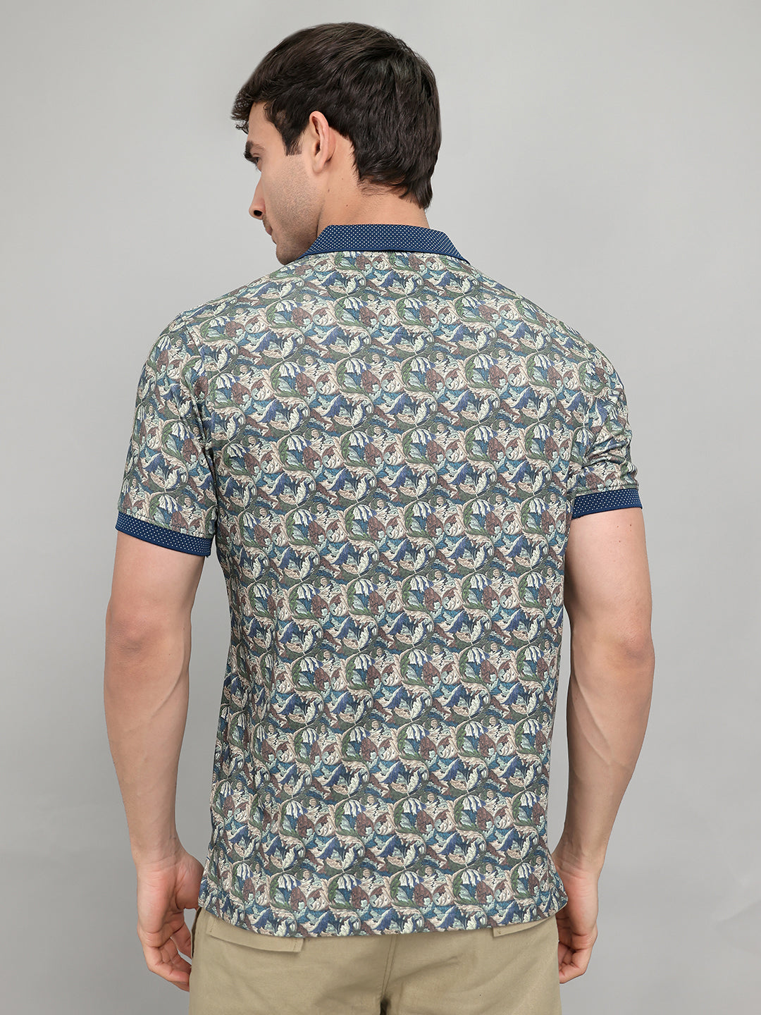 Men Teal Blue Printed Collar Half Sleeve T-Shirt with Plantable Seed Tag