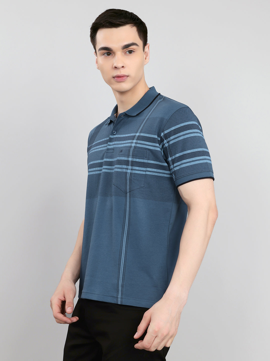 Men Teal Blue Printed Collar Half Sleeve T-Shirt