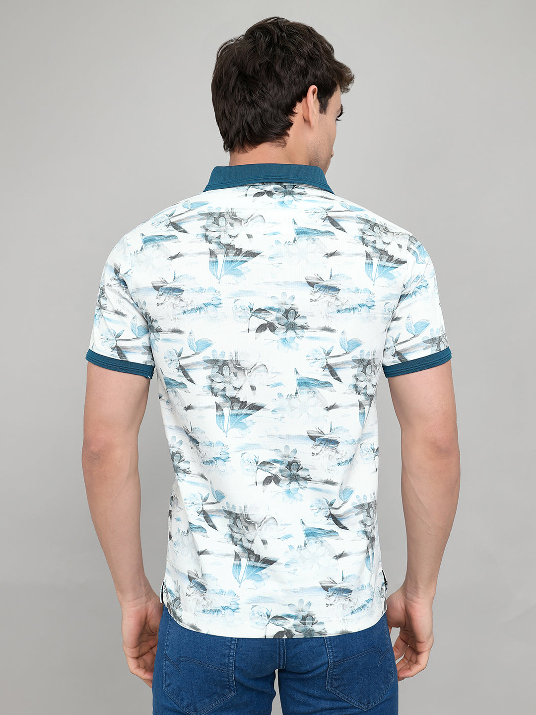 Men Teal Blue Printed Collar Half Sleeve T-Shirt with Plantable Seed Tag