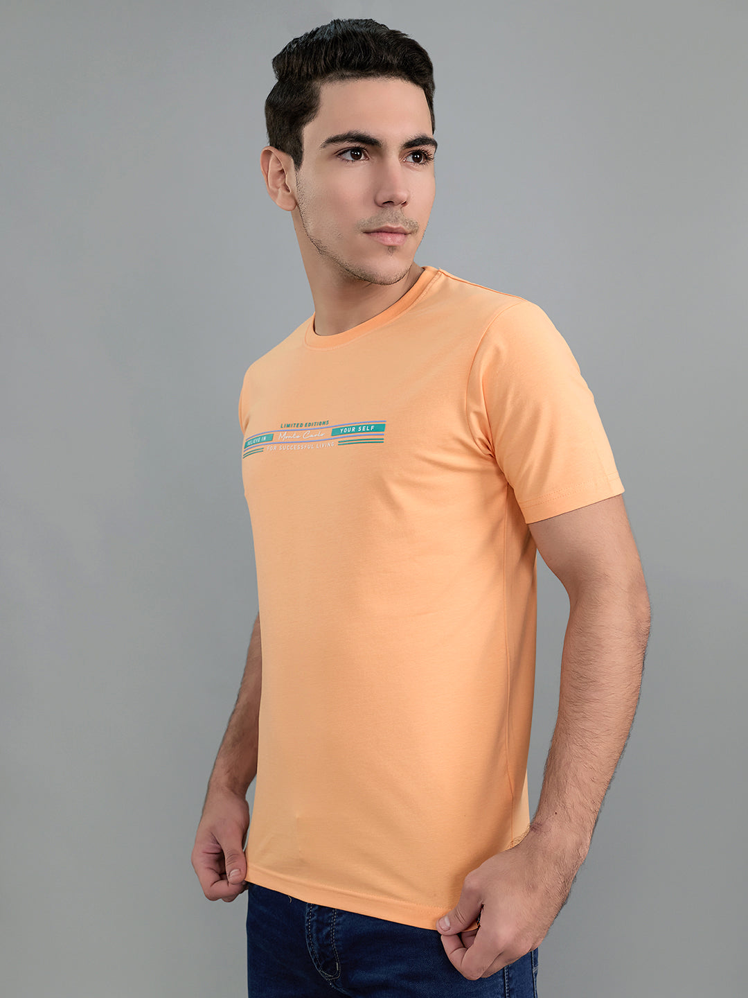 Men Peach Printed Round Neck Half Sleeve T-Shirt