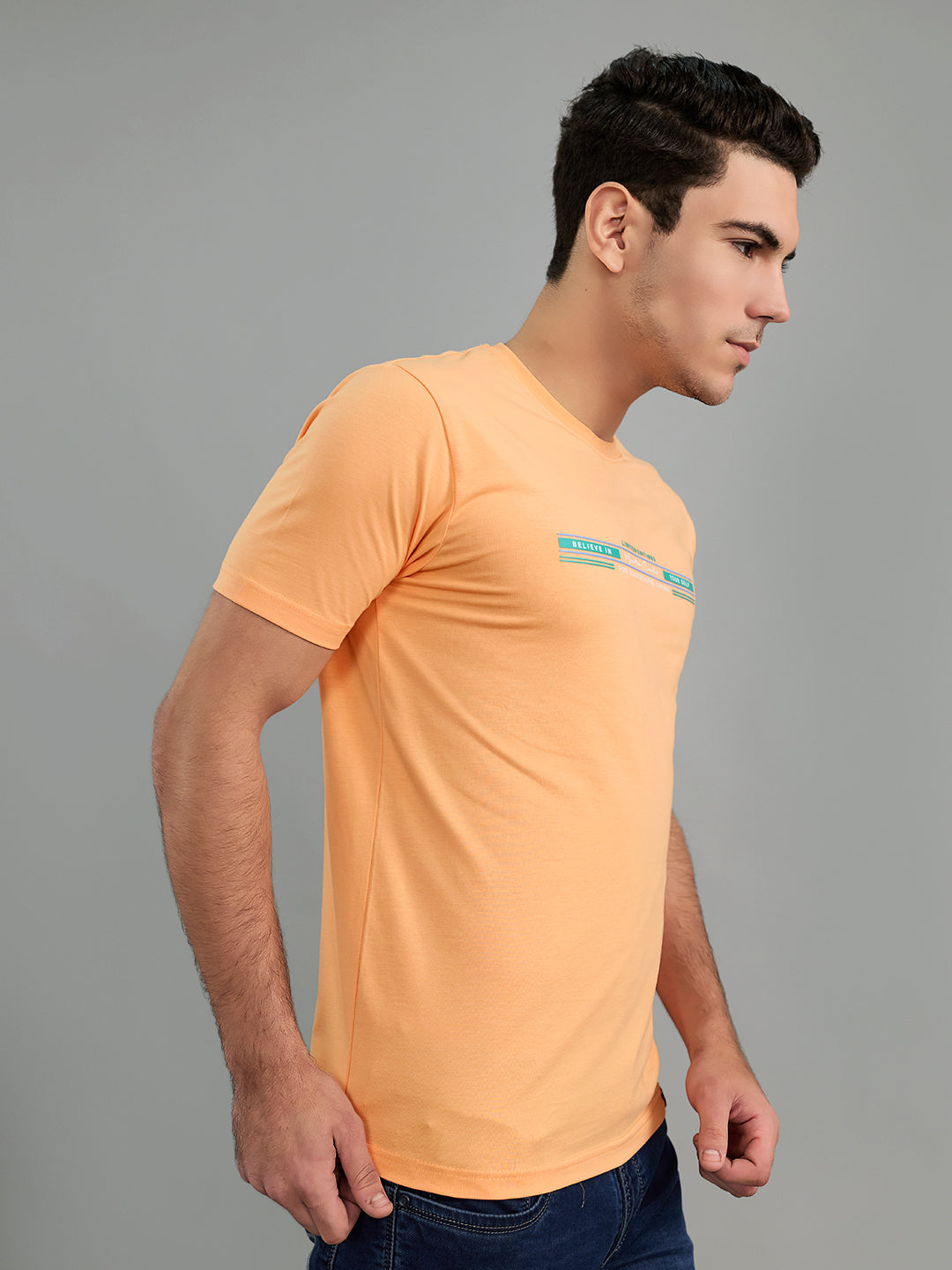 Men Peach Printed Round Neck Half Sleeve T-Shirt