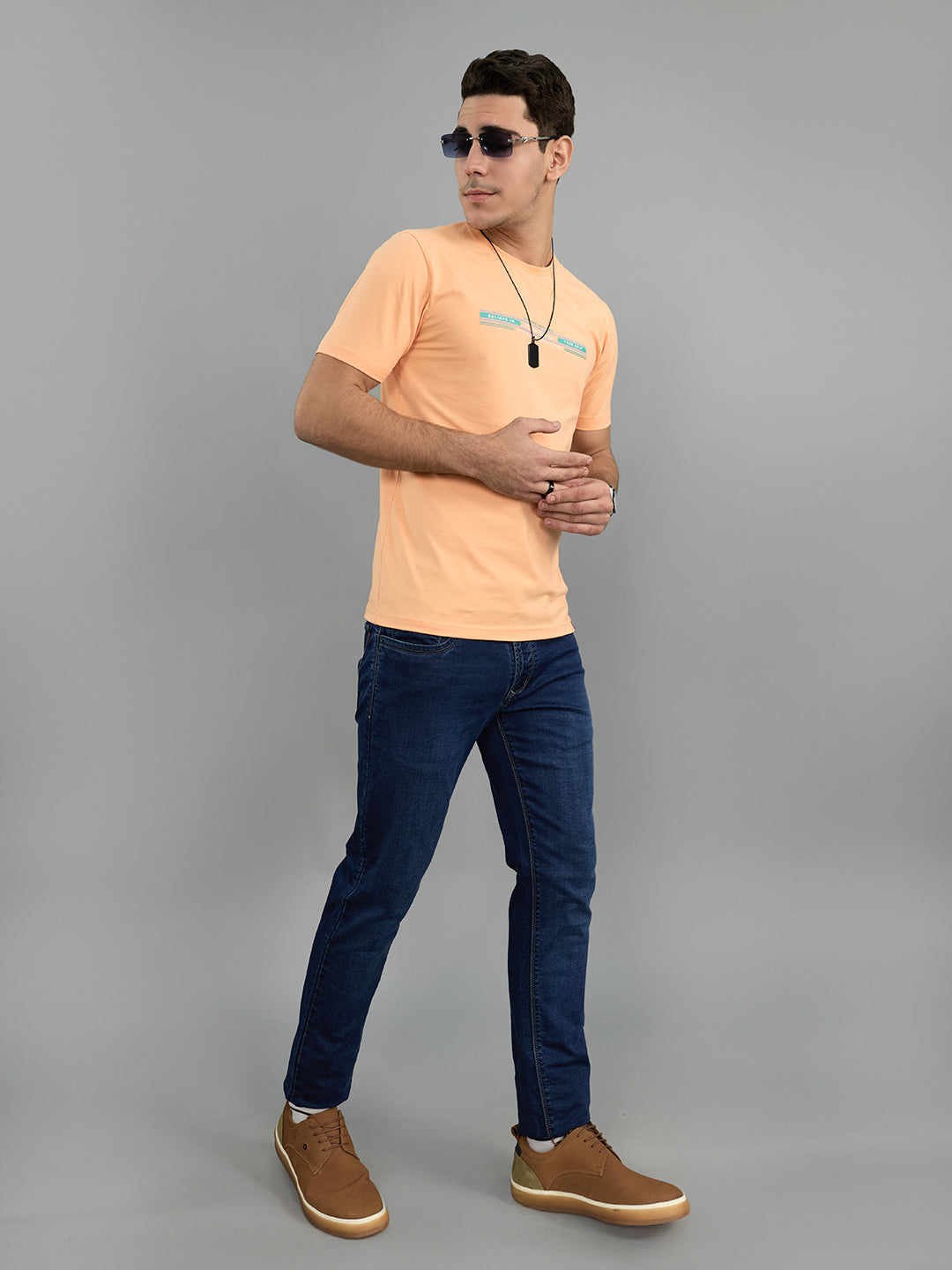 Men Peach Printed Round Neck Half Sleeve T-Shirt