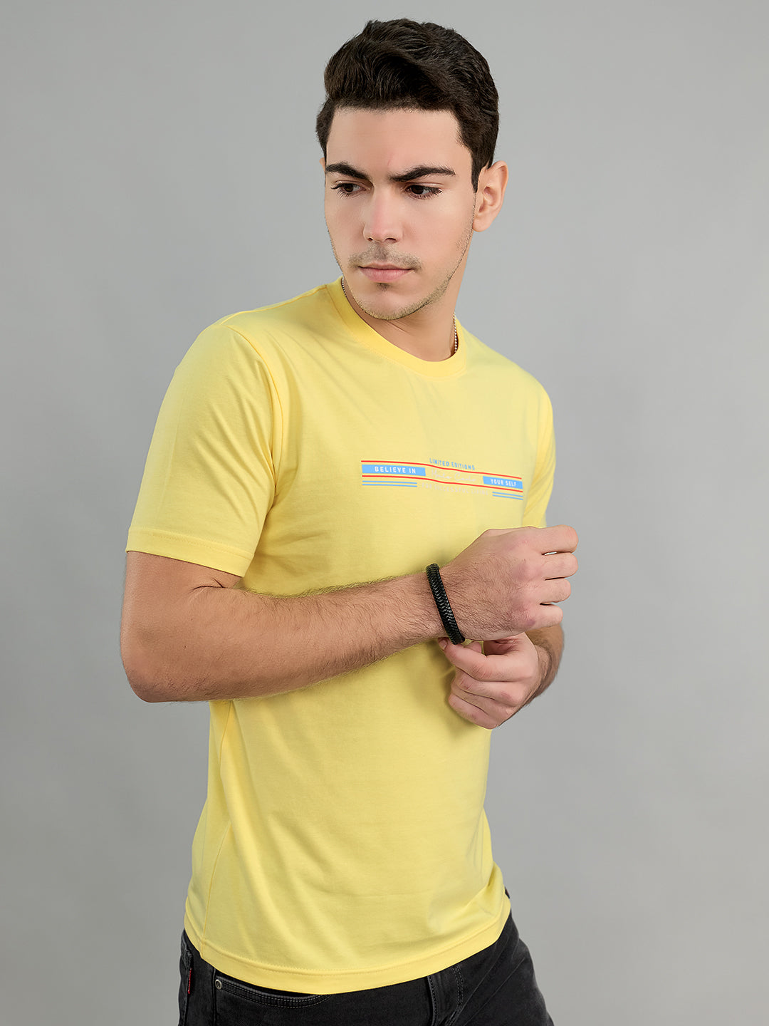 Men Yellow Printed Round Neck Half Sleeve T-Shirt