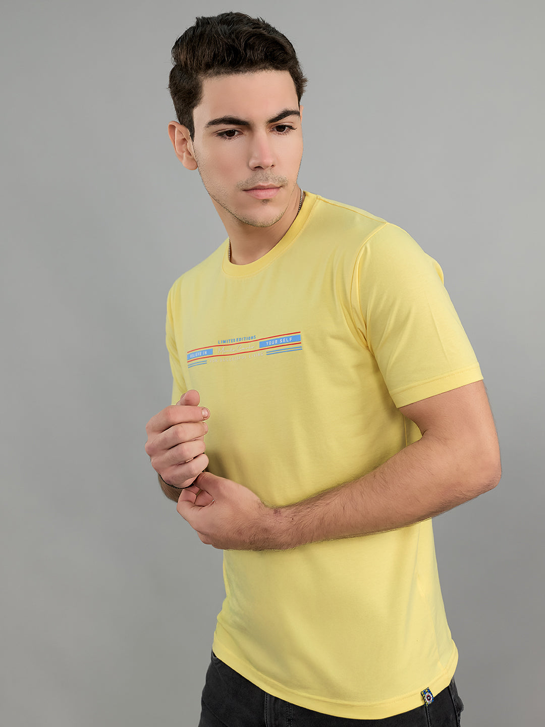 Men Yellow Printed Round Neck Half Sleeve T-Shirt