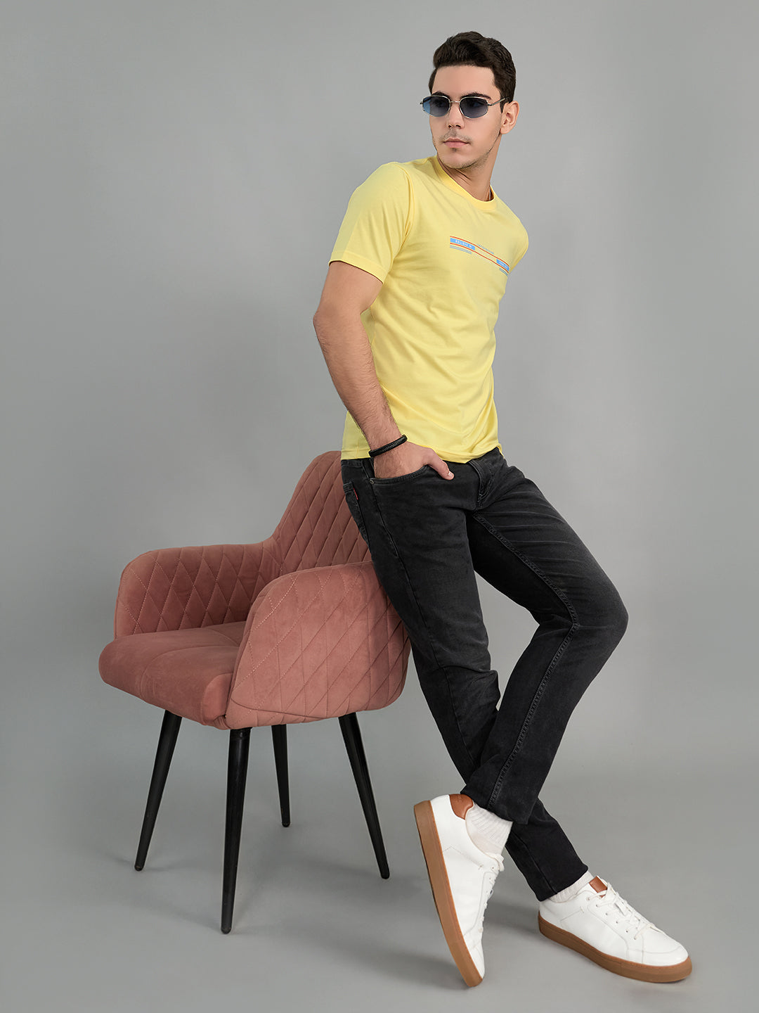 Men Yellow Printed Round Neck Half Sleeve T-Shirt