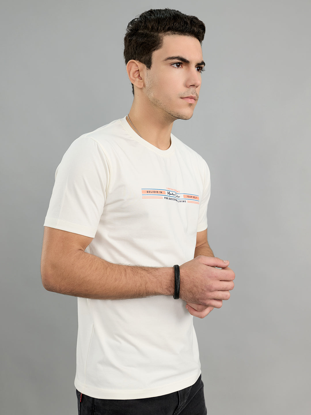 Men White Printed Round Neck Half Sleeve T-Shirt