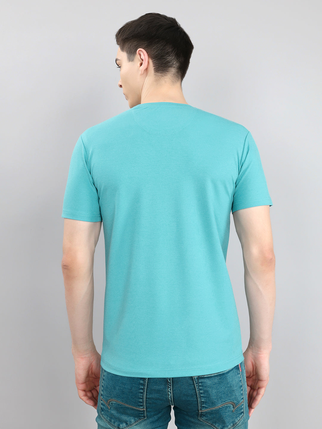 Men Turquoise Blue Printed Round Neck Half Sleeve T-Shirt