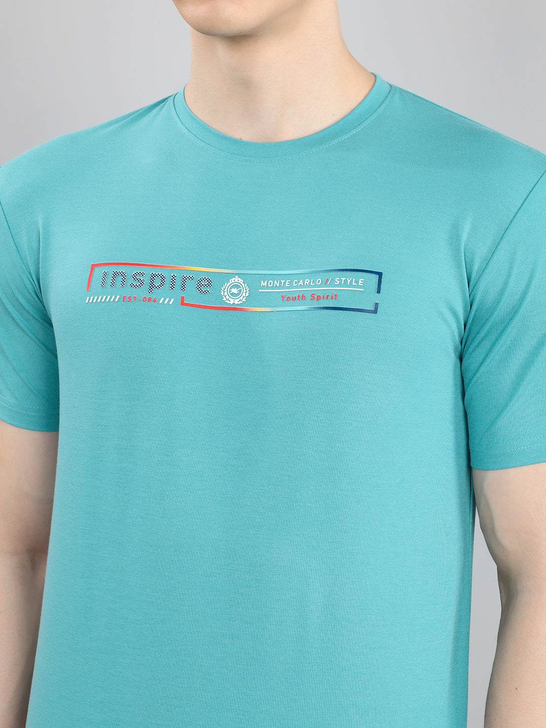 Men Turquoise Blue Printed Round Neck Half Sleeve T-Shirt