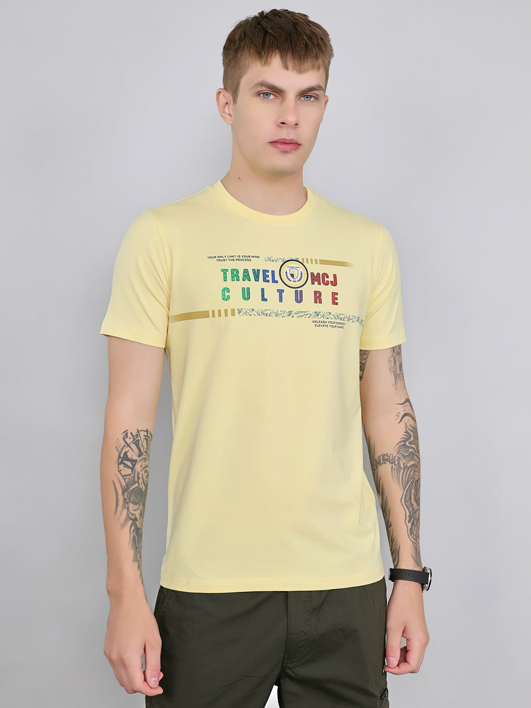 Men Yellow Printed Round Neck Half Sleeve T-Shirt