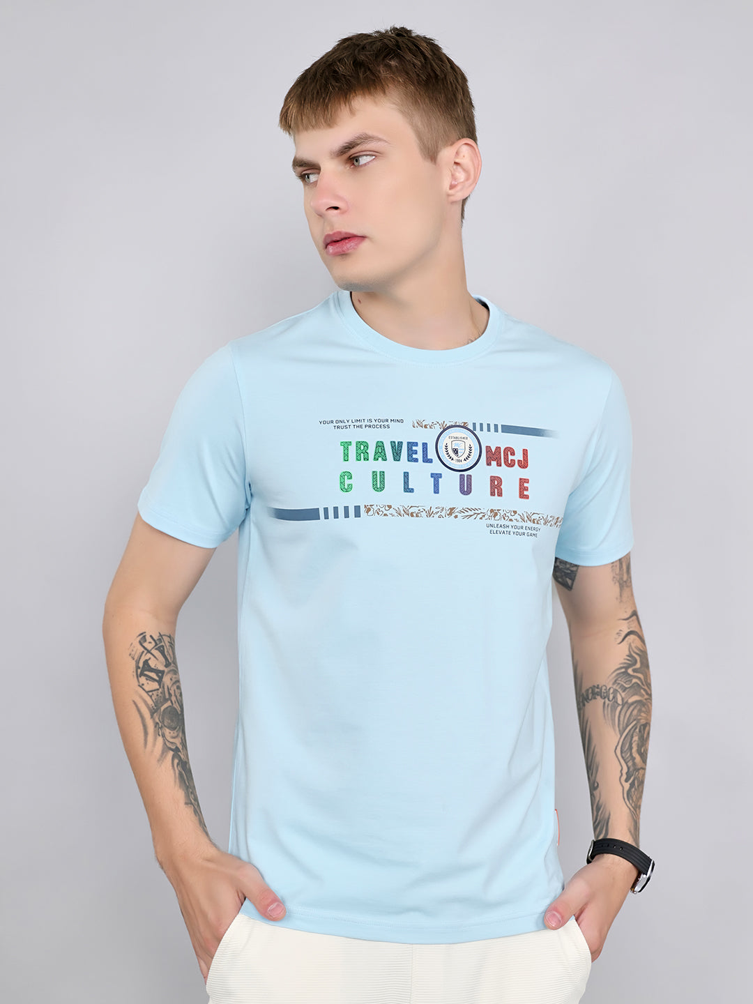 Men Sky Blue Printed Round Neck Half Sleeve T-Shirt