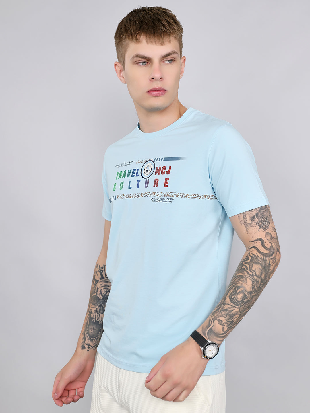 Men Sky Blue Printed Round Neck Half Sleeve T-Shirt