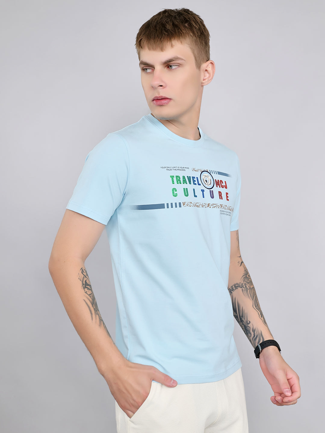 Men Sky Blue Printed Round Neck Half Sleeve T-Shirt
