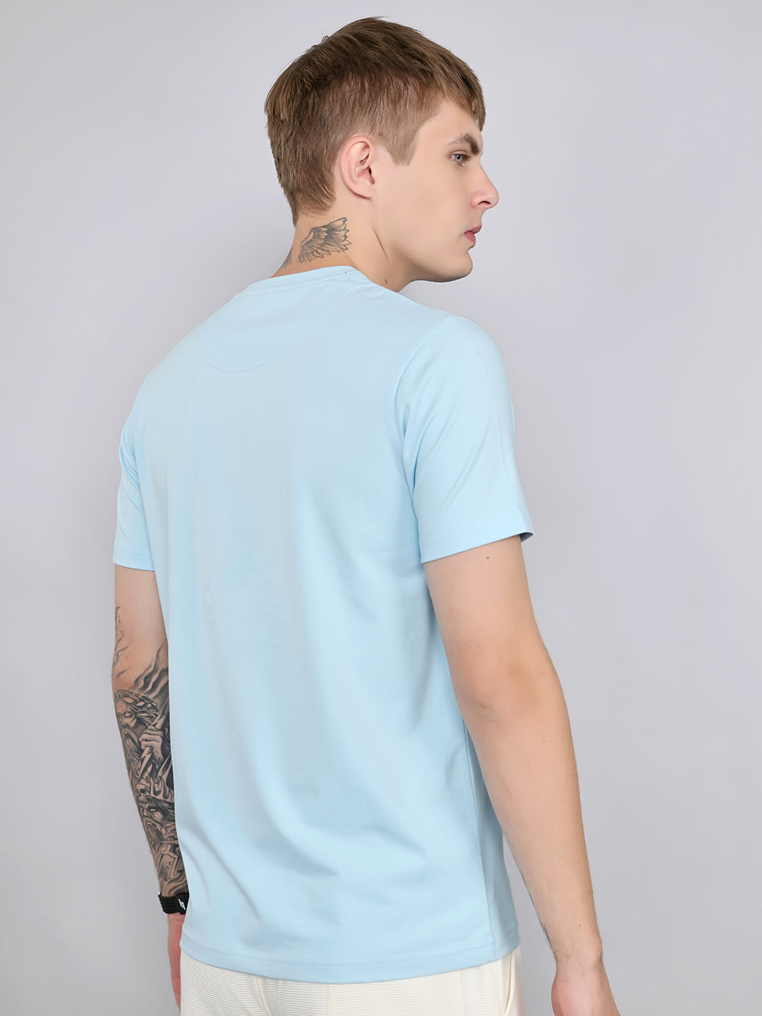 Men Sky Blue Printed Round Neck Half Sleeve T-Shirt