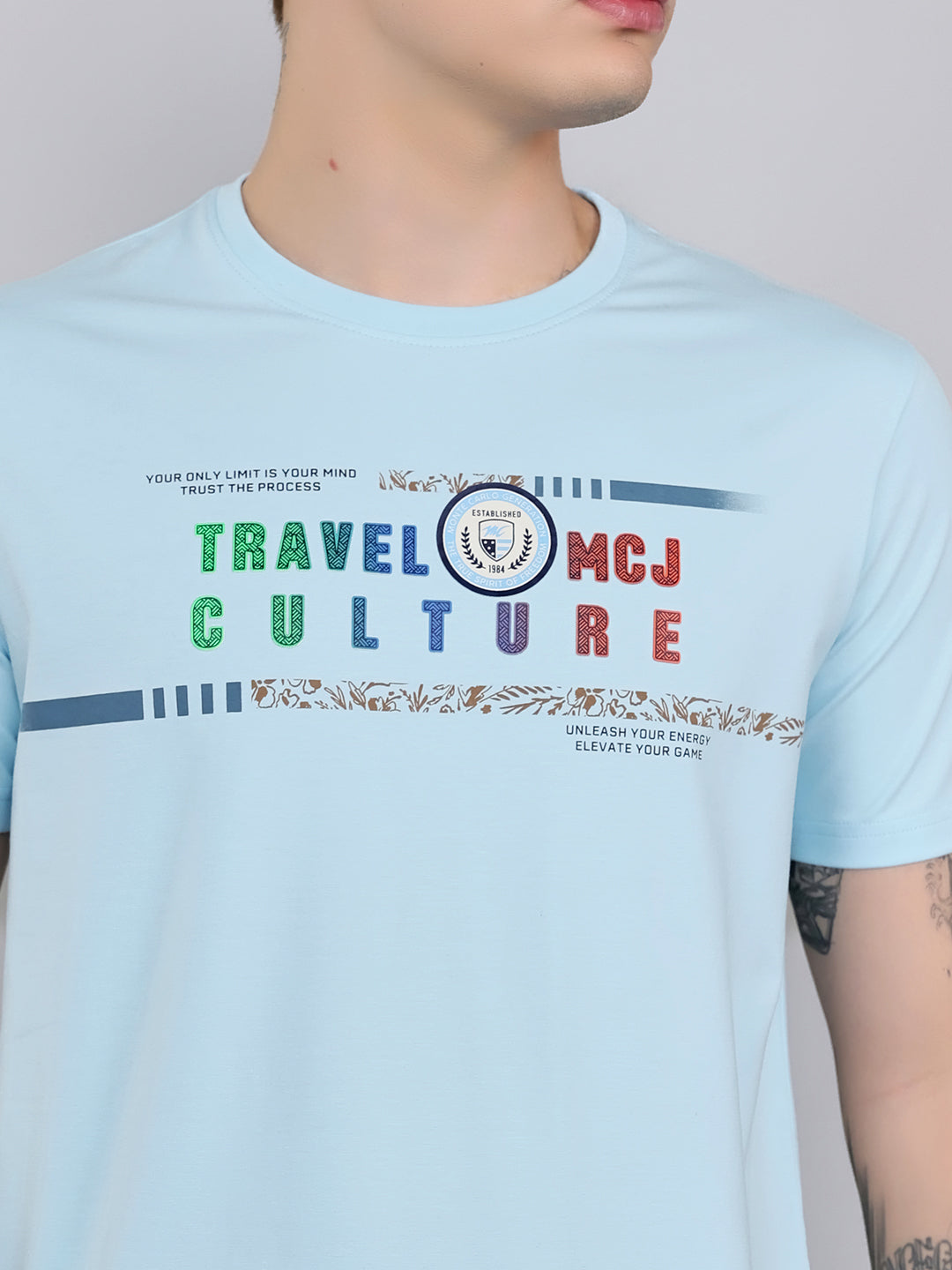 Men Sky Blue Printed Round Neck Half Sleeve T-Shirt