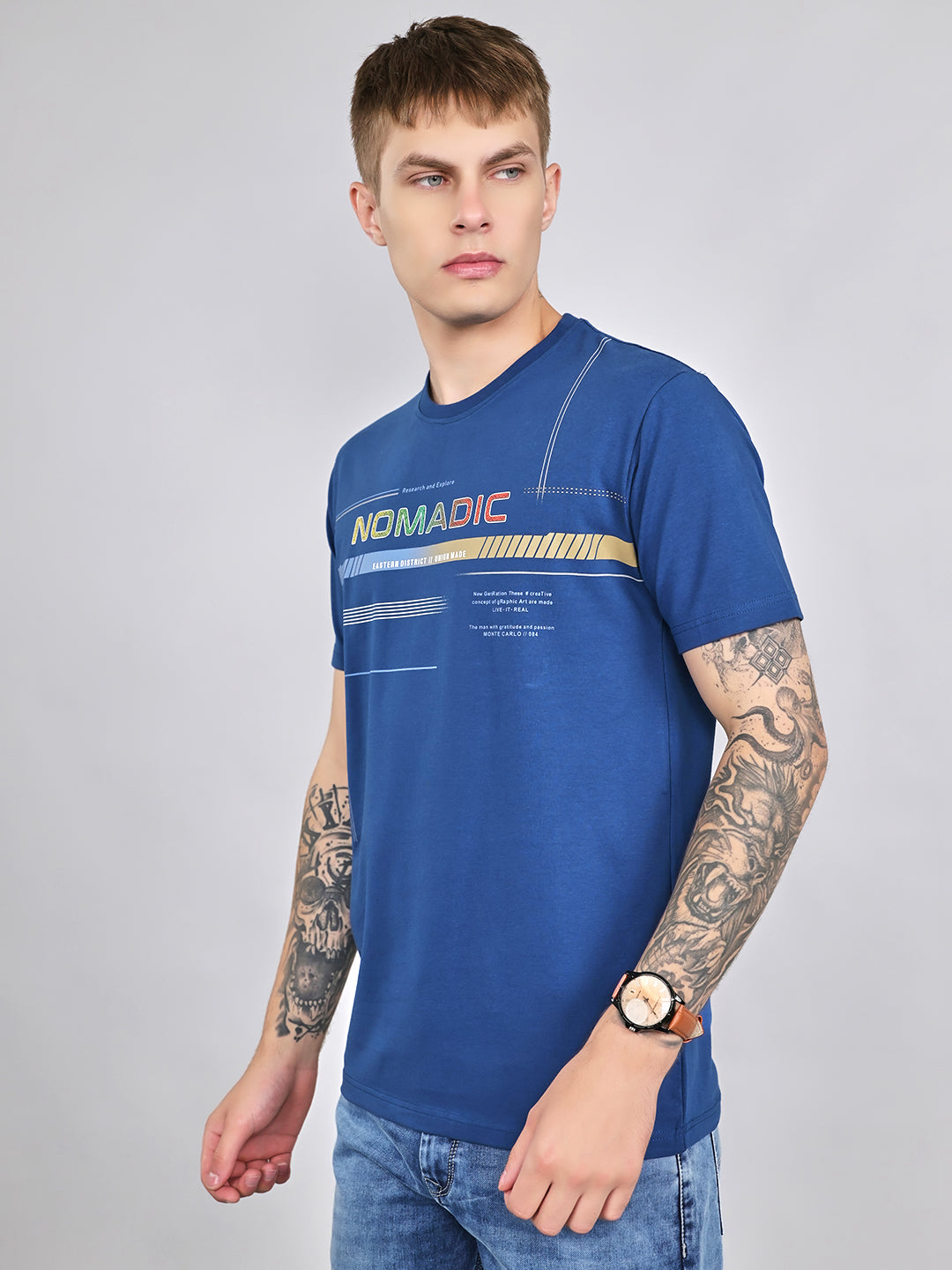 Men Blue Plain Round Neck Half Sleeve T-Shirt