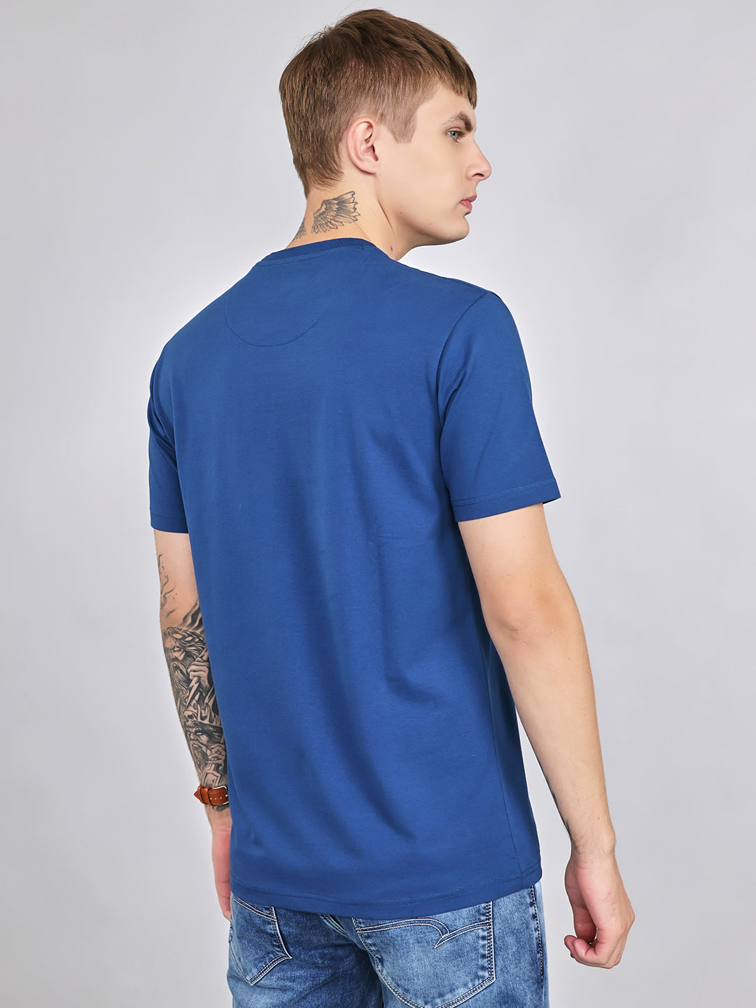 Men Blue Plain Round Neck Half Sleeve T-Shirt