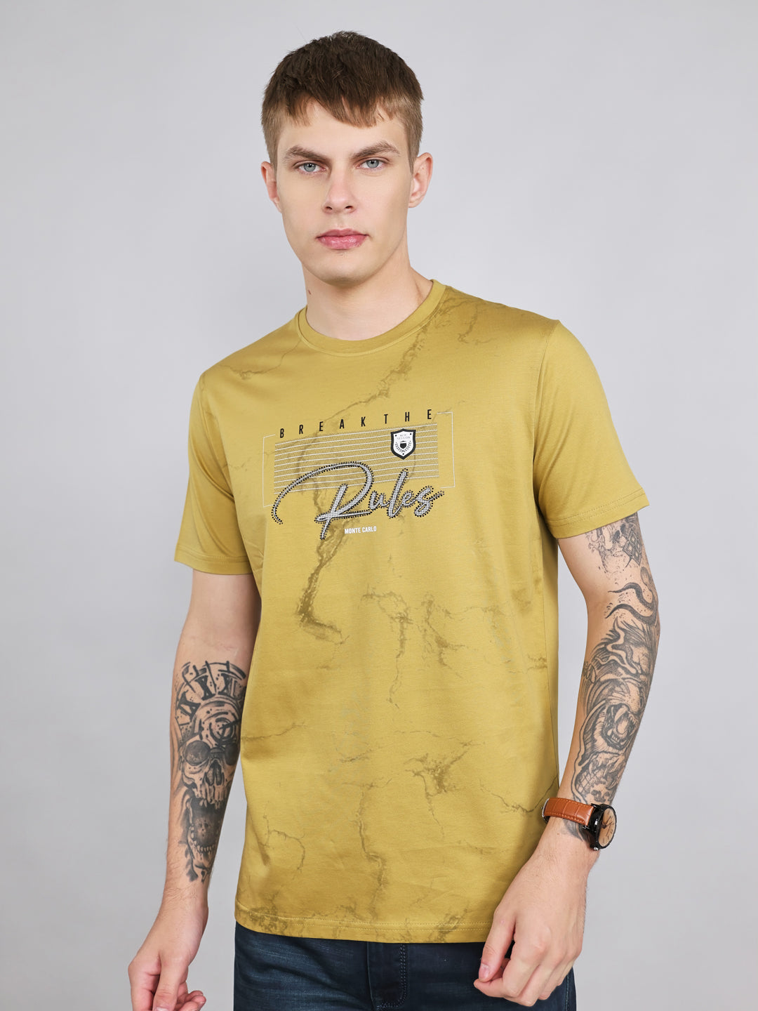 Men Green Printed Round Neck Half Sleeve T-Shirt