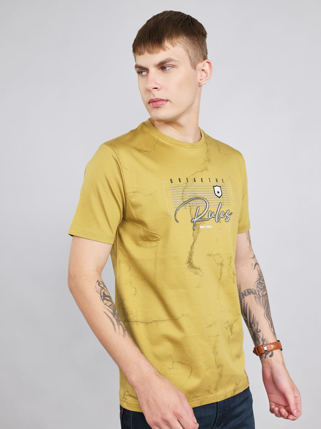 Men Green Printed Round Neck Half Sleeve T-Shirt