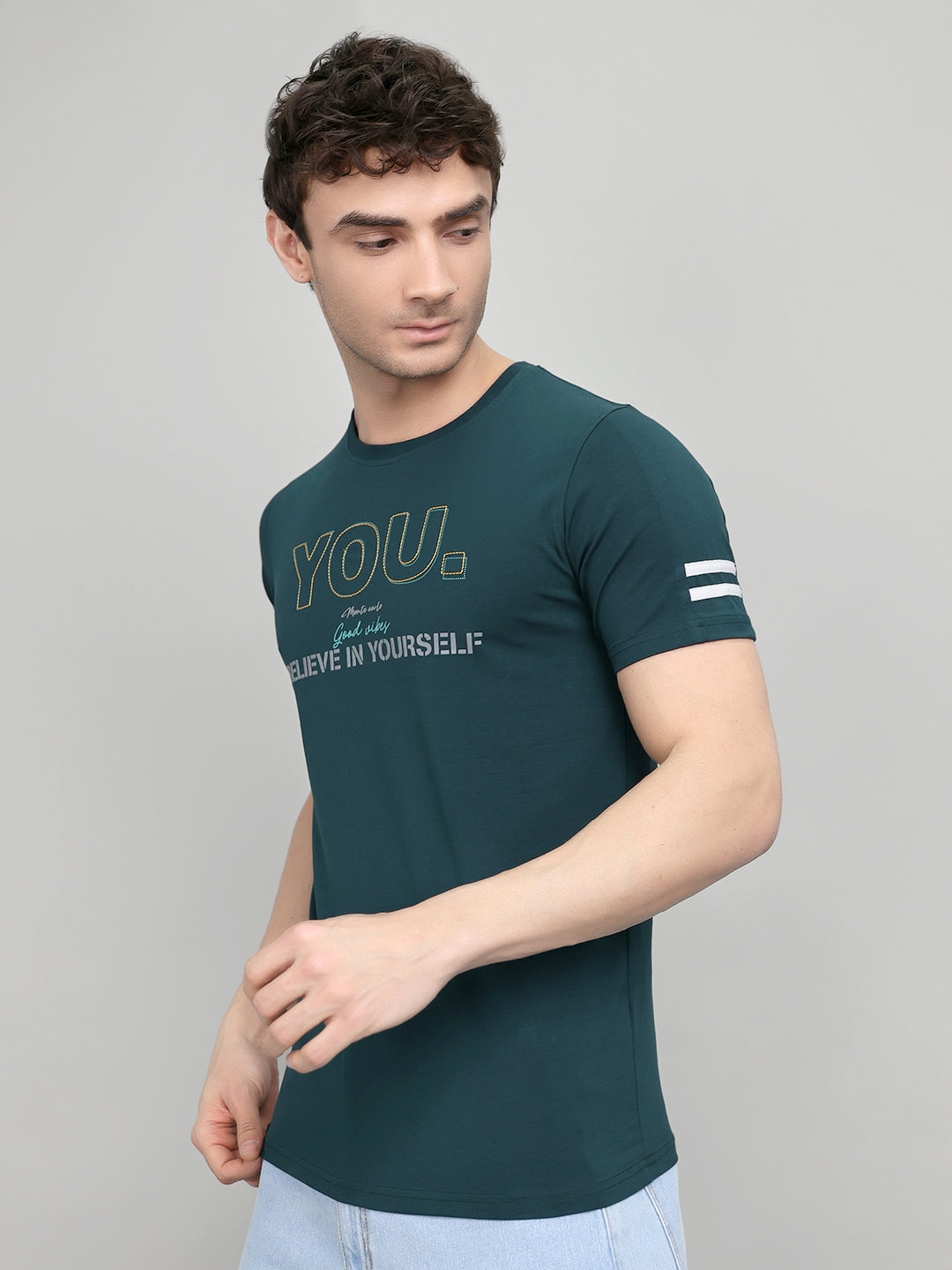 Men Teal Blue Printed Round Neck Half Sleeve T-Shirt