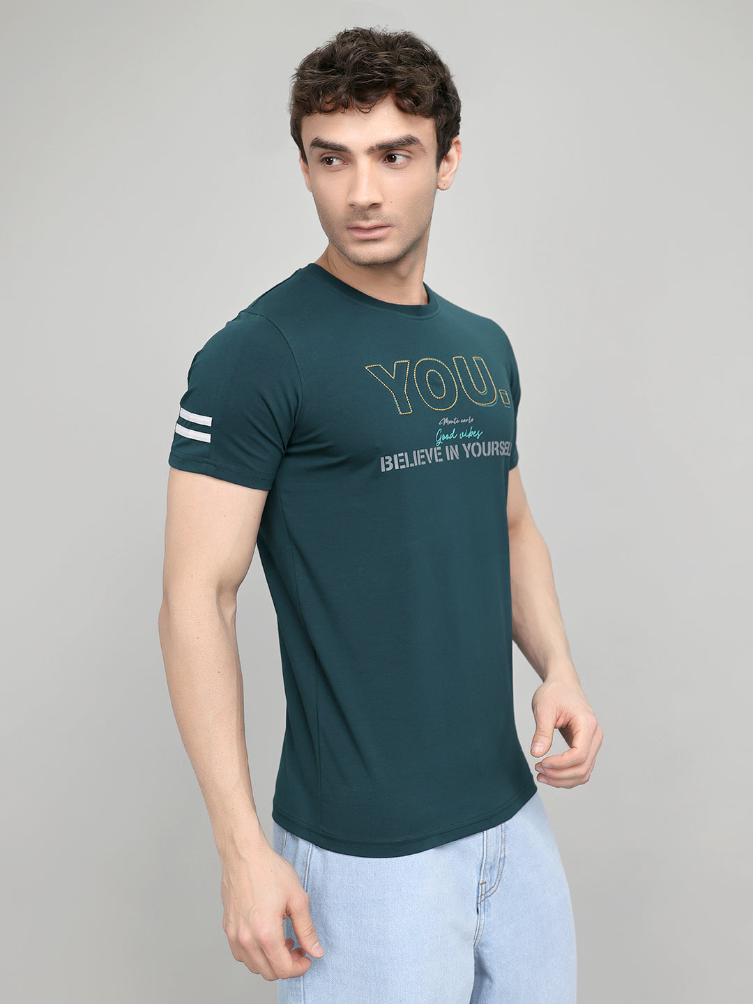 Men Teal Blue Printed Round Neck Half Sleeve T-Shirt