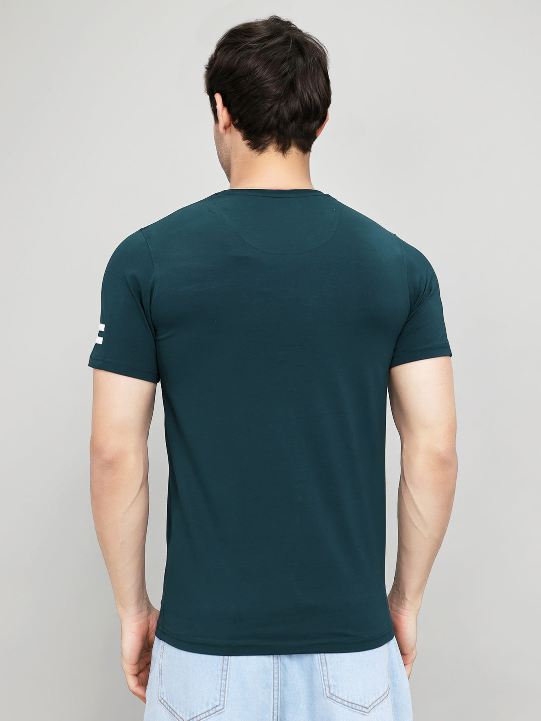 Men Teal Blue Printed Round Neck Half Sleeve T-Shirt
