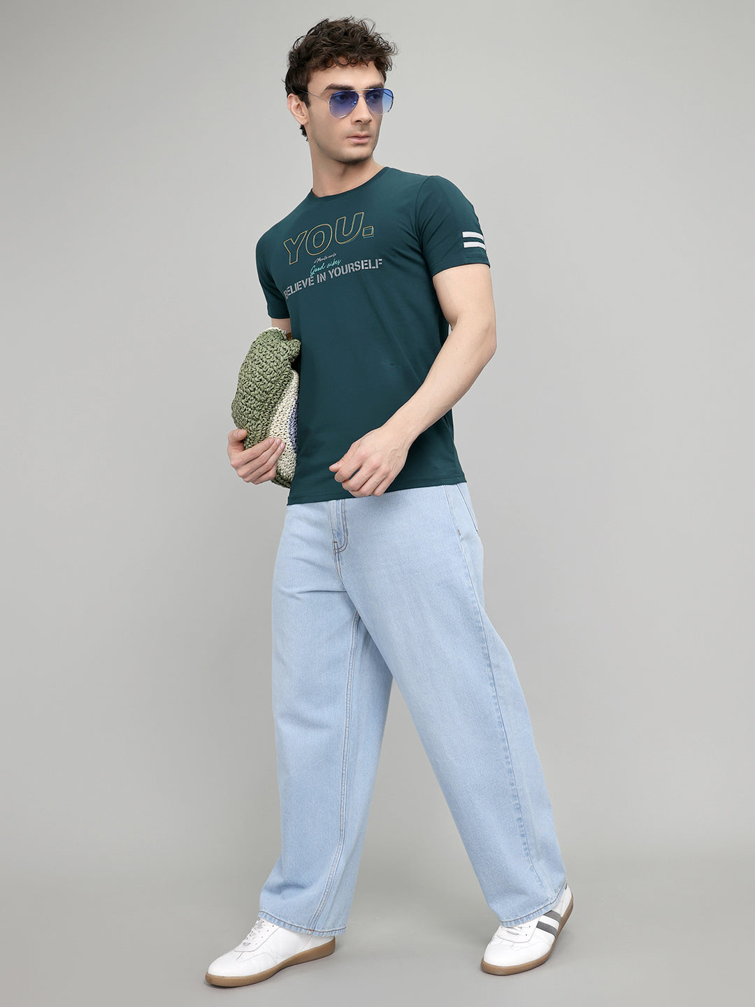 Men Teal Blue Printed Round Neck Half Sleeve T-Shirt