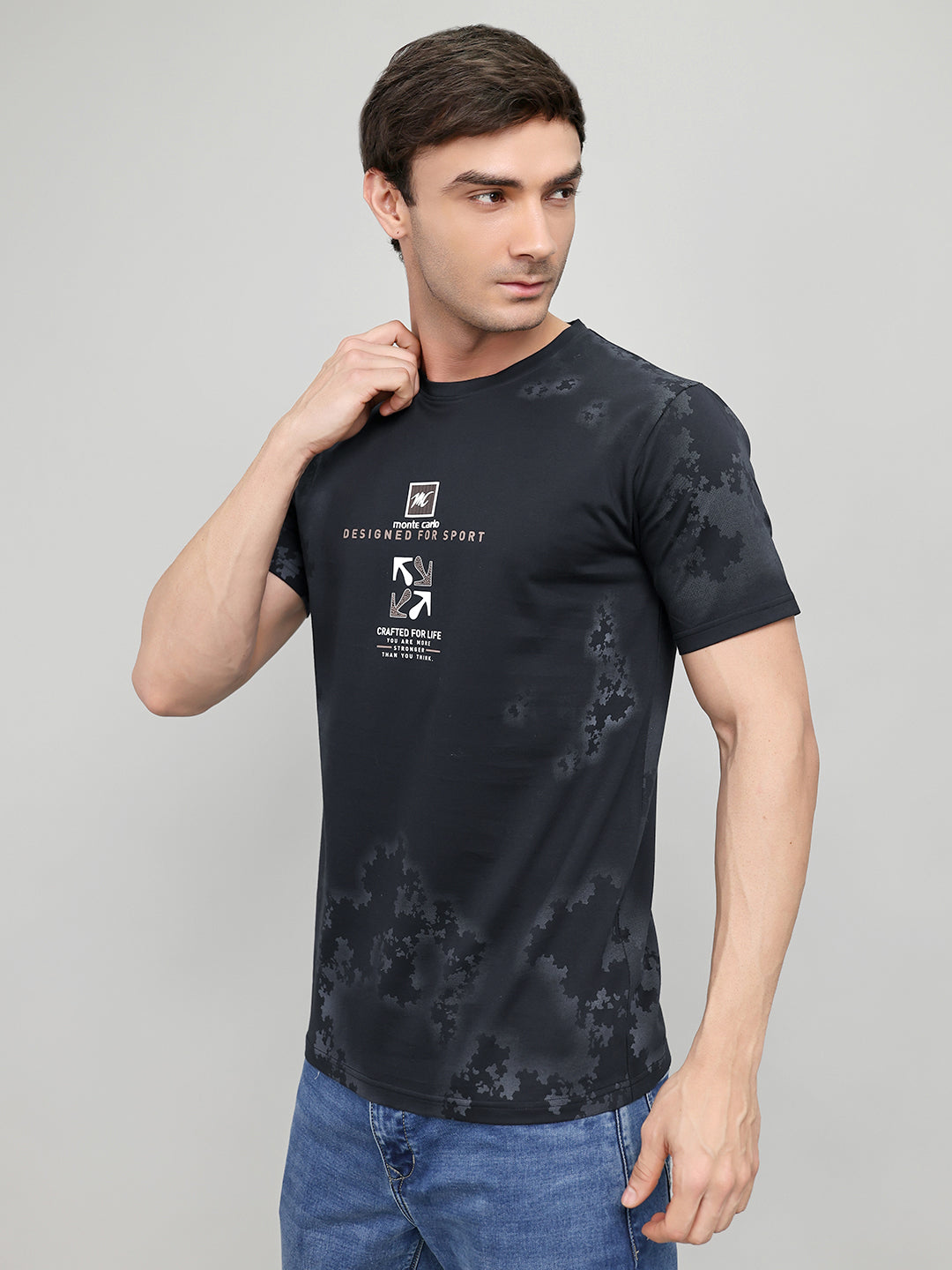Men Navy Blue Printed Round Neck Half Sleeve T-Shirt