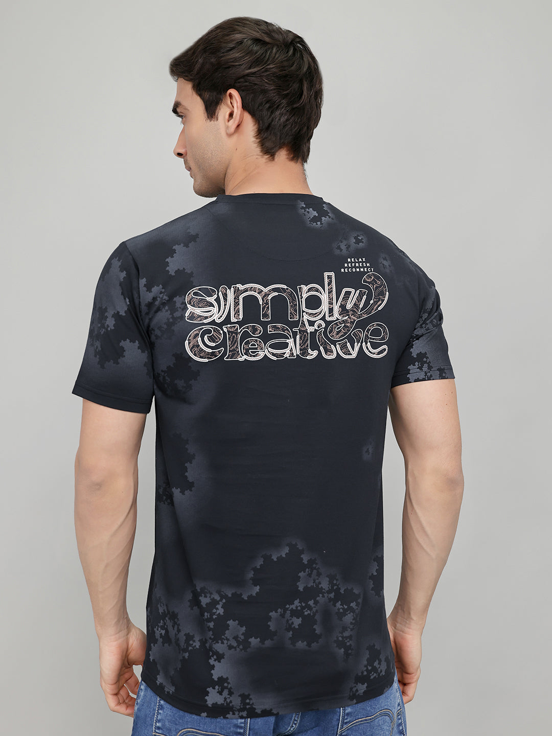 Men Navy Blue Printed Round Neck Half Sleeve T-Shirt