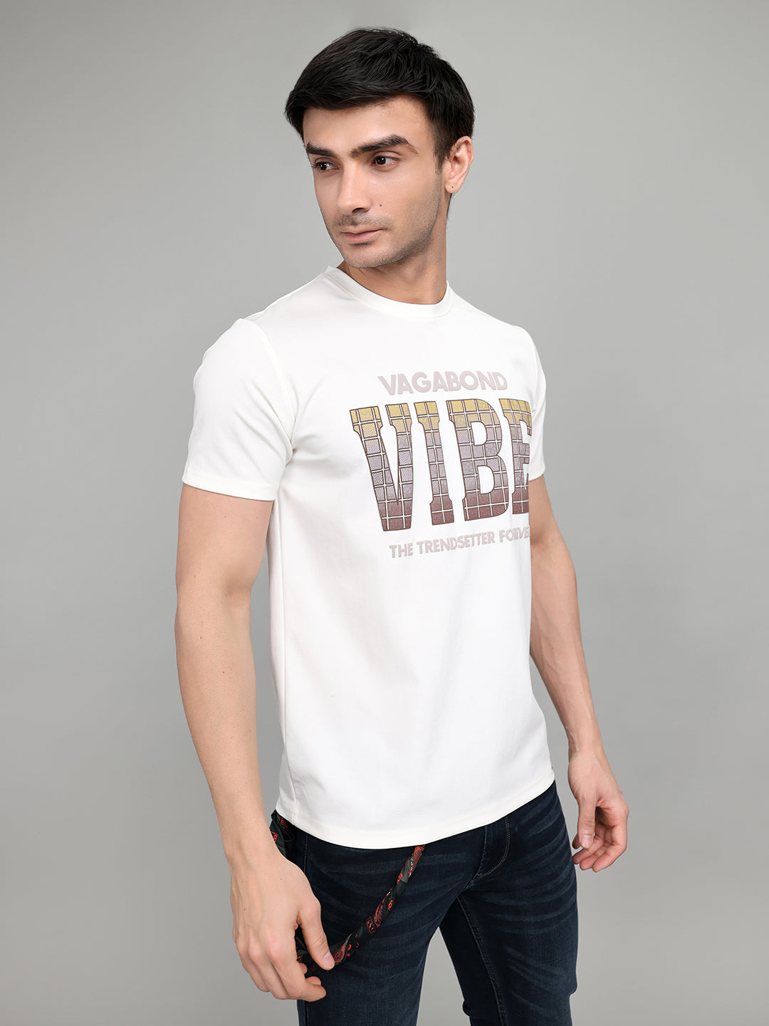 Men White Printed Round Neck Half Sleeve T-Shirt